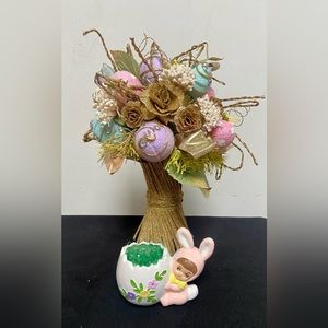 Vintage Cermic Hand Painted Easter boy dressed as a bunny rabbit holding egg